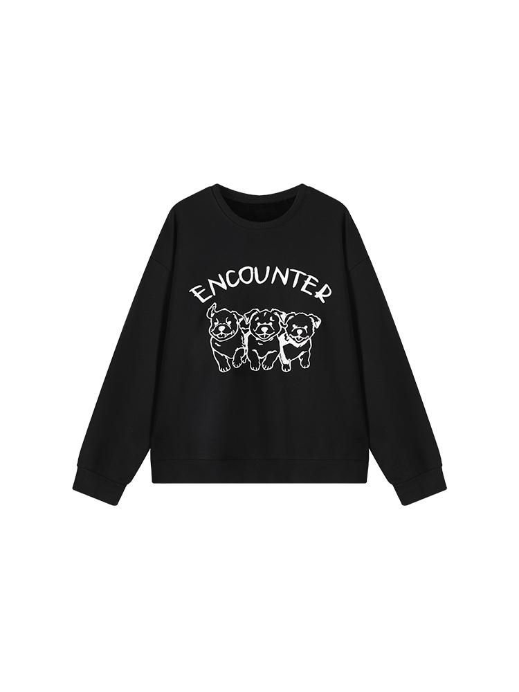 Korean Style Black Printed Fleece Sweatshirt for Men and Women, Versatile Loose Round Neck Pullover, Long Sleeve Autumn Winter Top