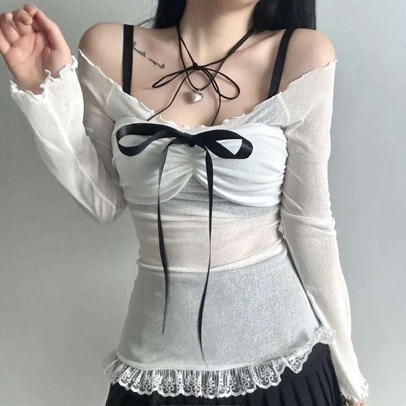 Korean-Style Bow Tie Off-Shoulder Sheer Layered T-Shirt for Women - Trendy Short Top for a Flirty, Fashionable Look