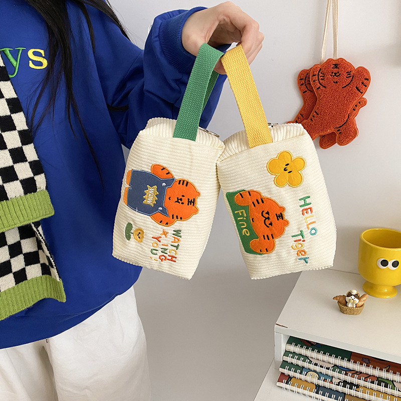 Korean Style Cartoon Tiger Embroidered Handbag, Versatile Corduroy Clutch for Women, Mobile Phone & Storage Bag