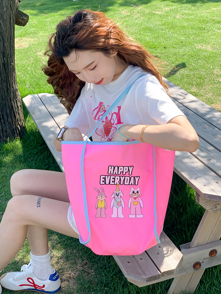 Korean Style Color-Blocking Canvas Tote Bag for Women, Trendy Cartoon Girl Design, Spring/Summer Student Shoulder Bag 2025