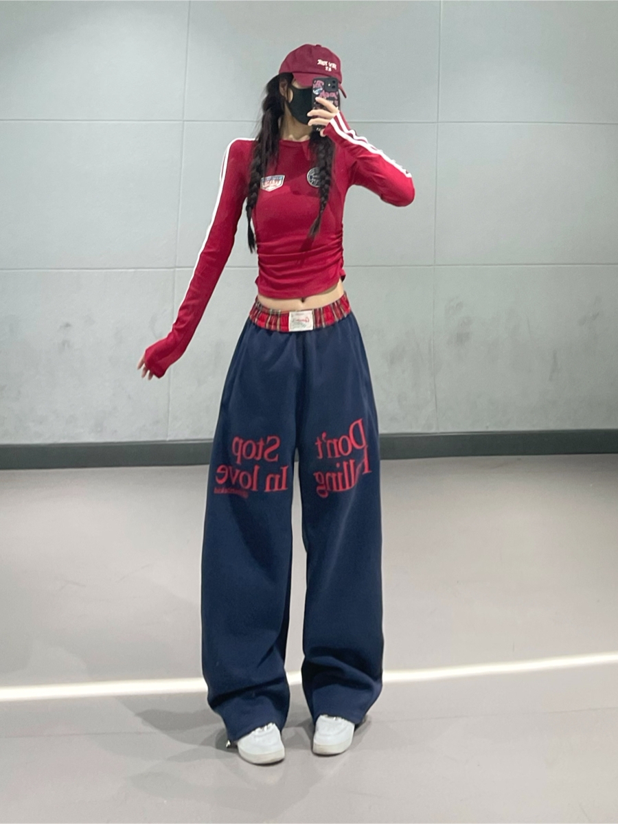 Korean Style Dark Blue Plaid Splicing Sweatpants for Women - Color Block Letter Design, Straight Leg, Perfect for Early Autumn Dance Wear
