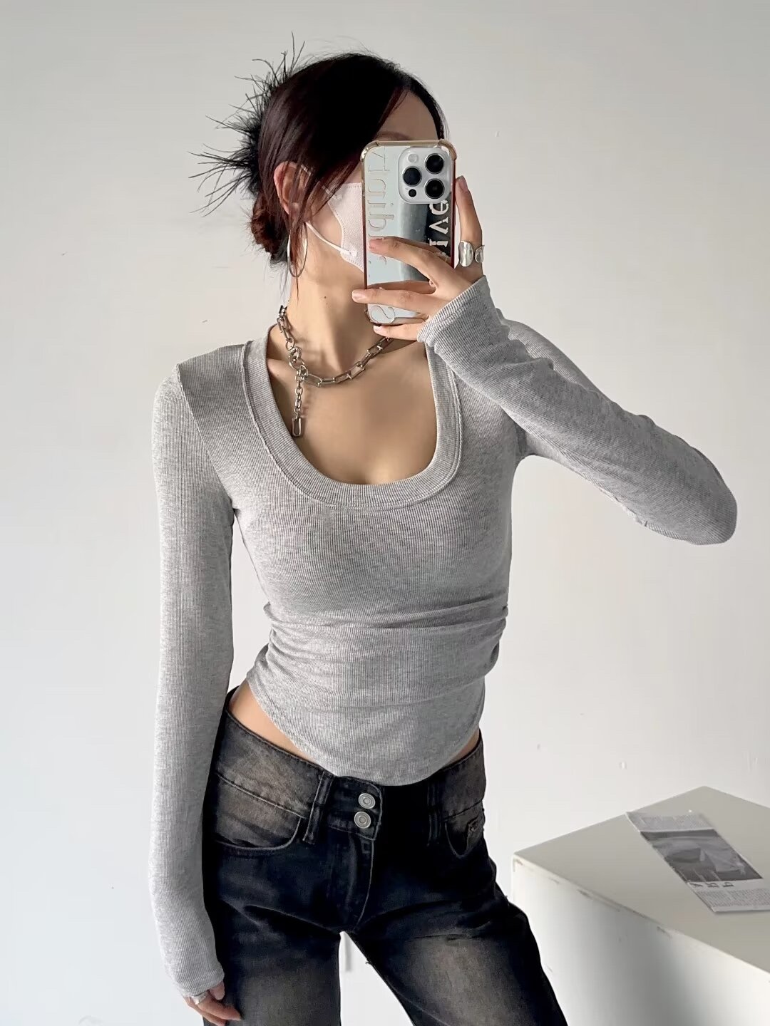 Korean Style Kpop Jazz Dance Long Sleeve U-Neck Knitted Top for Women - Slim Fit, Flattering, Versatile Streetwear Shirt