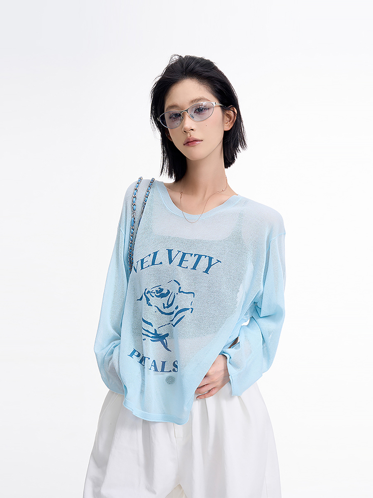 Korean Style Printed Long Sleeve Round Neck Sun Protection Knitted Top for Women - Loose, Thin Summer Cardigan Shirt