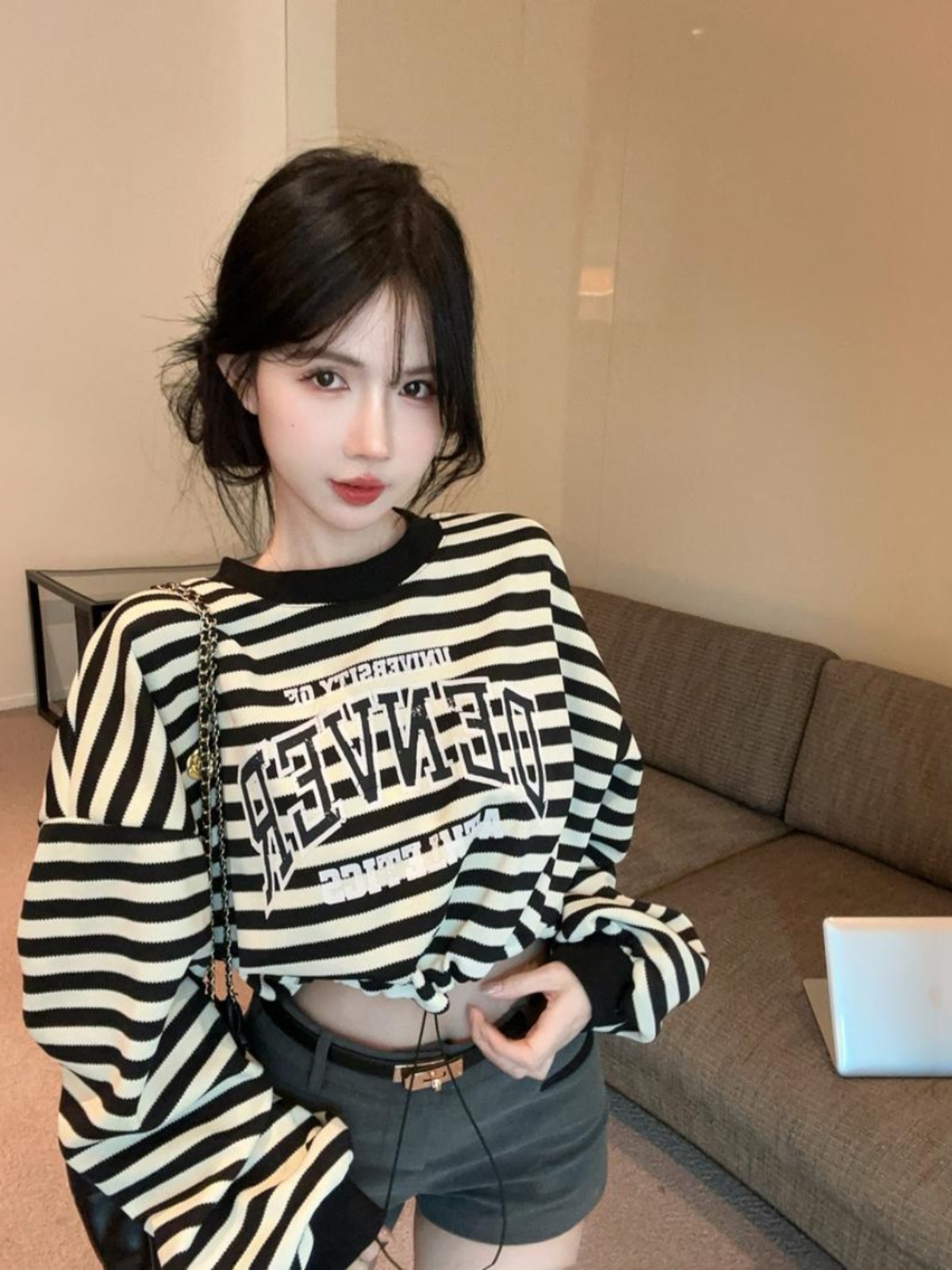 Korean Style Striped Jazz Dance Top for Women, Hip Hop Street Dance Sweatshirt, DS Girl Group Performance Outfit
