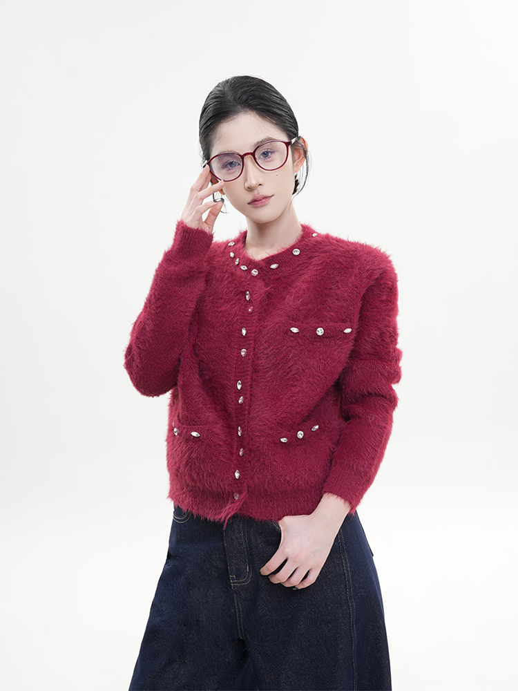 Korean Style Women's Winter Loose Knit Cardigan Sweater with Round Neck and Long Sleeves