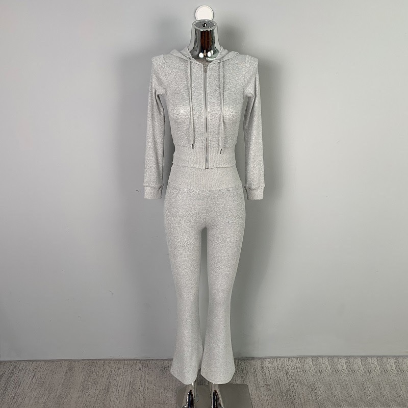 Korean Style Zip-Up Hooded Slim-Fit Sweatshirt and High-Waisted Long Pants Two-Piece Set for Women