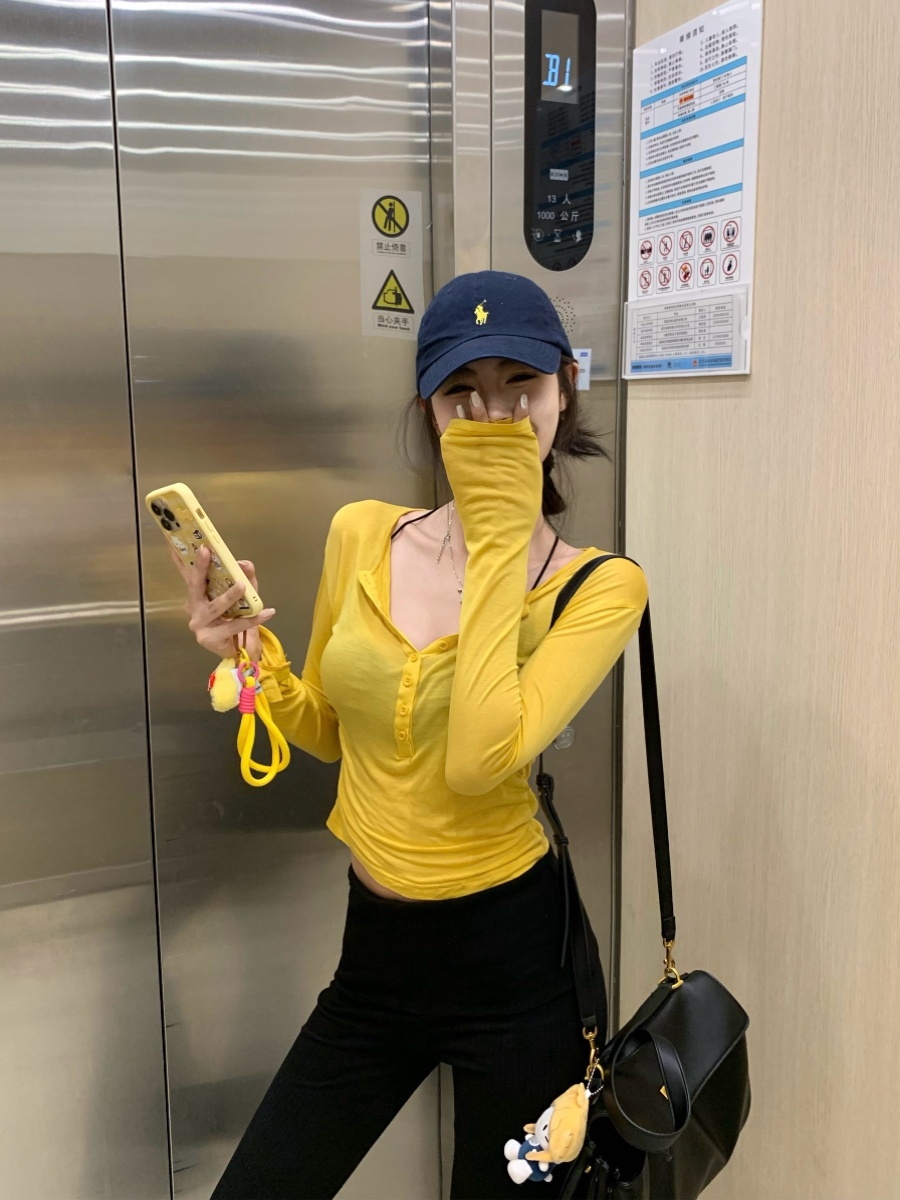 Kpop-Inspired Sweet and Spicy Jazz Short Top for Women - Slim Fit Long Sleeve T-Shirt, Music Festival Outfit, Sun Protection Cover-Up