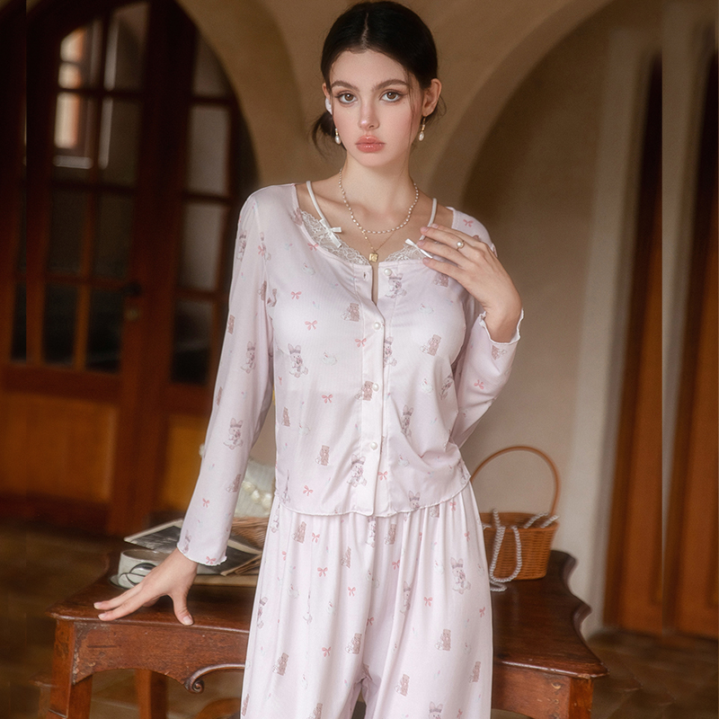 Lace-Trimmed Long Sleeve Pajama Set for Girls with Chest Pads - Stylish Spring and Autumn Sleepwear for Cozy Fall and Winter Nights