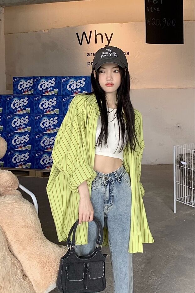 Loose Casual Striped Jazz Dance Shirt - Mid-Length Hong Kong Style Top for Girls - Autumn Streetwear Fashion