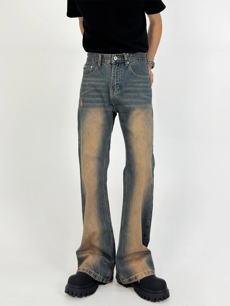 Men's Retro Gradient Design Micro-Flare Mid-Rise Loose Washed Denim Pants - Versatile American Style