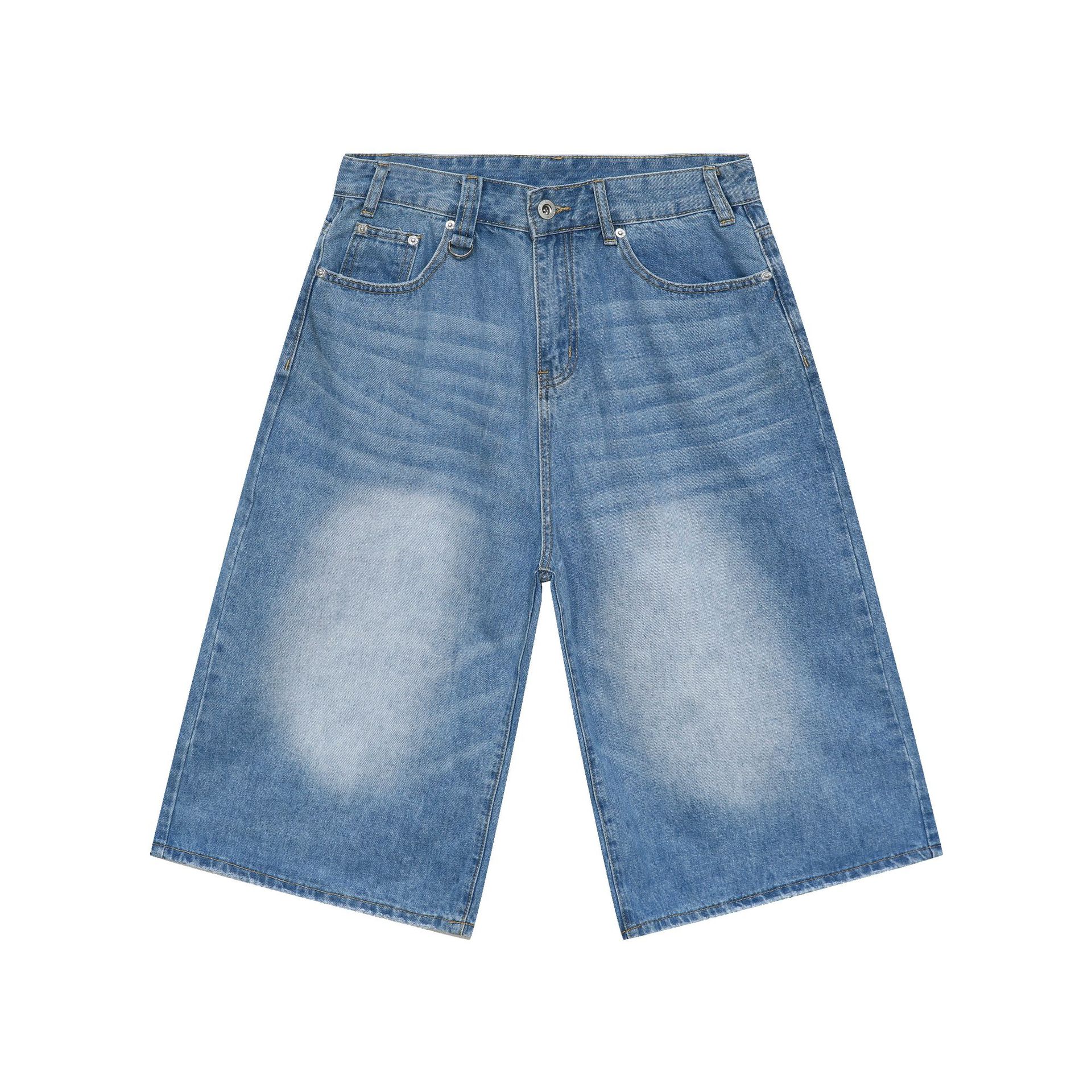 Men's Vintage Distressed Denim Shorts - Loose Straight Wide-Leg Cropped Pants for Summer - Versatile American Style