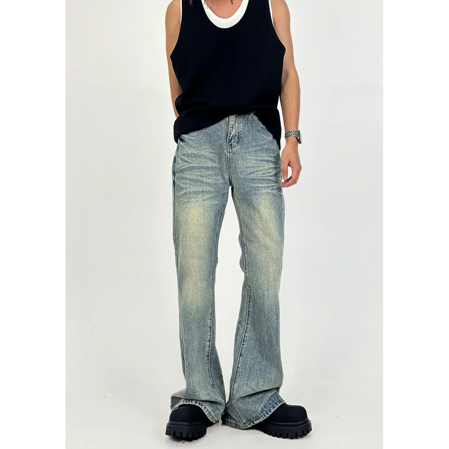 Men's Vintage Retro Flared Pants - American Style Washed Slim-Fit Long-Leg Jeans for a 90s Y2K Look
