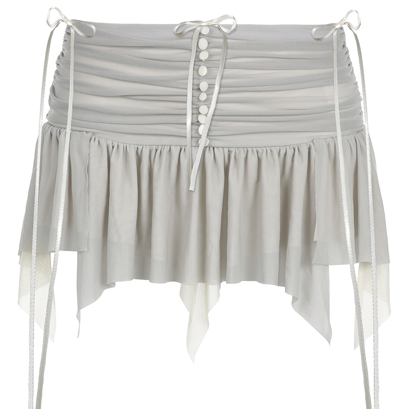 Mesh Spliced Pleated Tie Tassel Low Waist Mini Skirt - Y2K Style, Trendy Party Wear, Summer Fashion