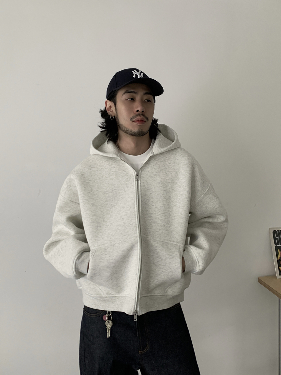 Minimalist High-End Air Layer Hooded Sweatshirt Unisex Boxy Zipper Jacket for Streetwear Style