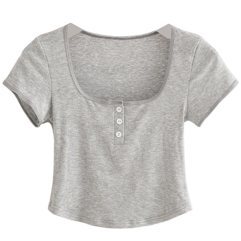 Minimalist Solid Color Slim Fit Crop Top T-Shirt for Women - Half-Open Round Neck Short Sleeve, Perfect for Y2K and Casual Style