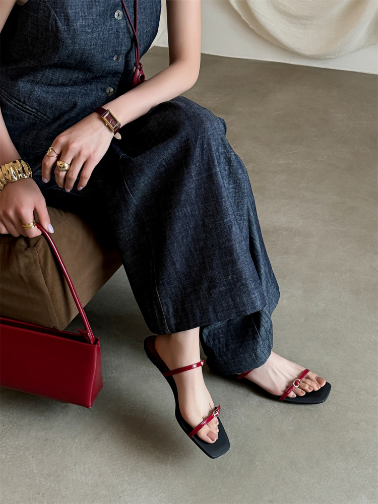 Minimalist Thin Strap Open-Toe French Slippers for Women - Slip-On Wedge Flat One-Strap Sandals