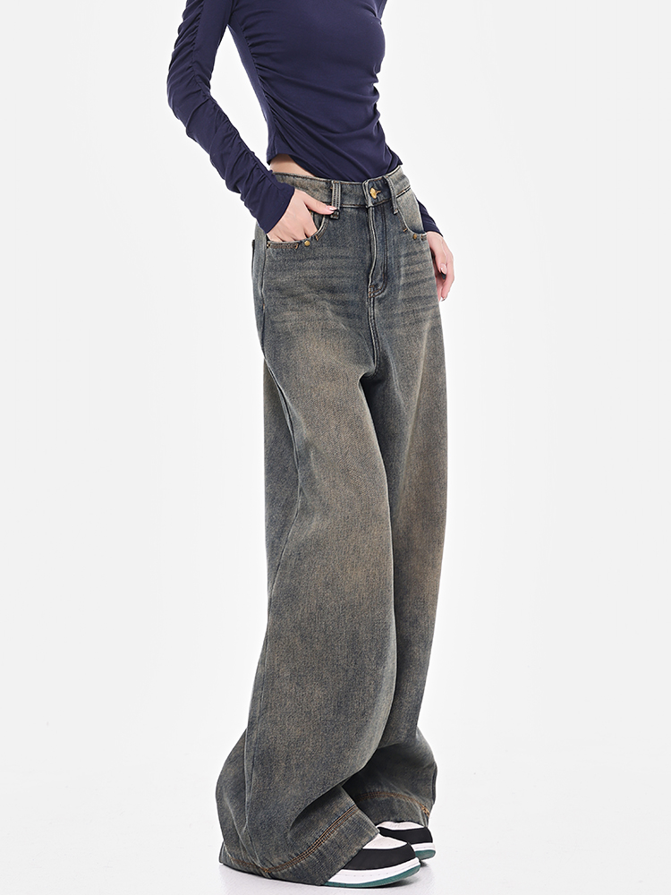 Nostalgic Retro High-Waisted Blue Wide-Leg Jeans for Women, Spring Slimming Straight-Leg Floor-Length Pants