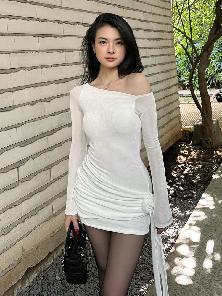 Off-the-Shoulder Long Sleeve Floral Dress for Women, High-Waisted Pleated Stretchy Fitted Mini Skirt, European American Style