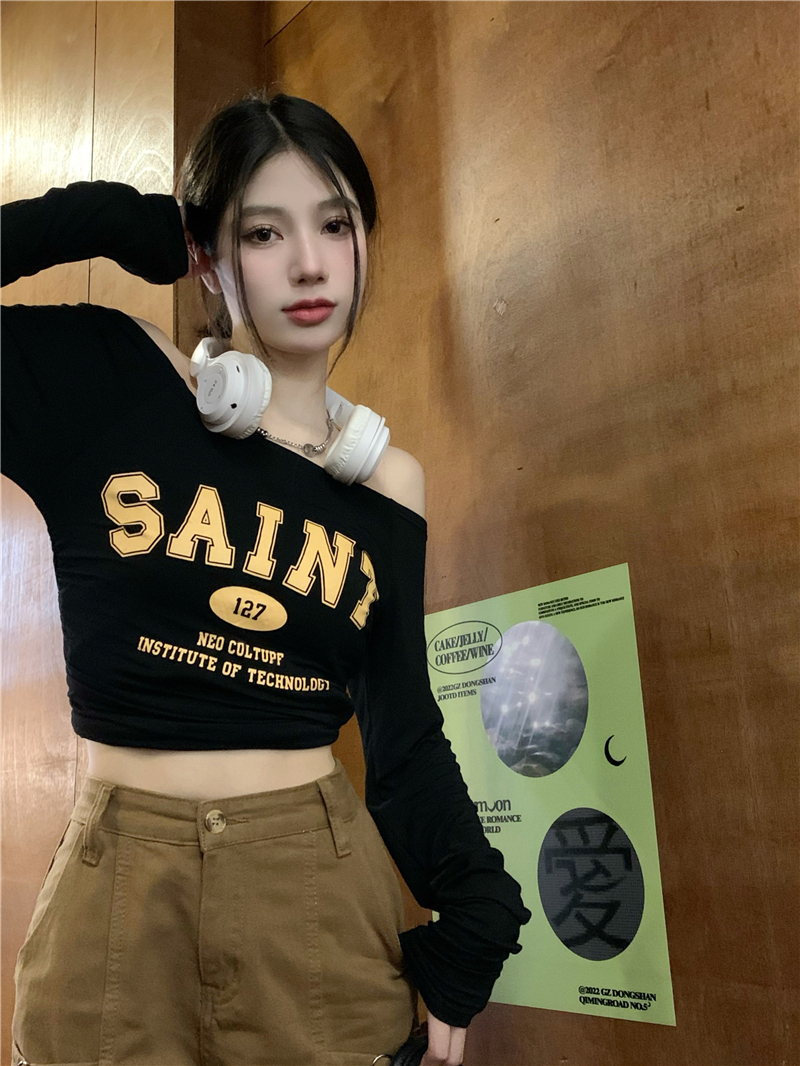One-Shoulder Long Sleeve T-Shirt for Women - Y2K Slim-Fit Jazz Top for Autumn, Spicy Girl Style