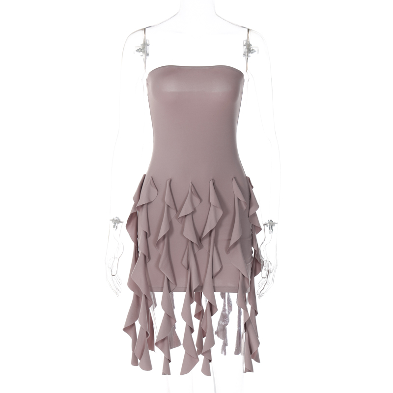 One-Shoulder Strapless Dress for Women 2025 - High-Waisted Slimming Color-Blocking Flowy Ribbon Solid Short Skirt, European Style