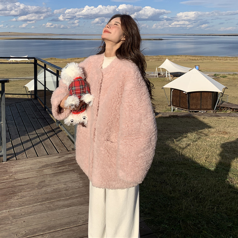 Petite Pink Fufu Lamb Wool Coat for Women - 2025 New Thick Warm Soft Leather and Fur Blend Outerwear