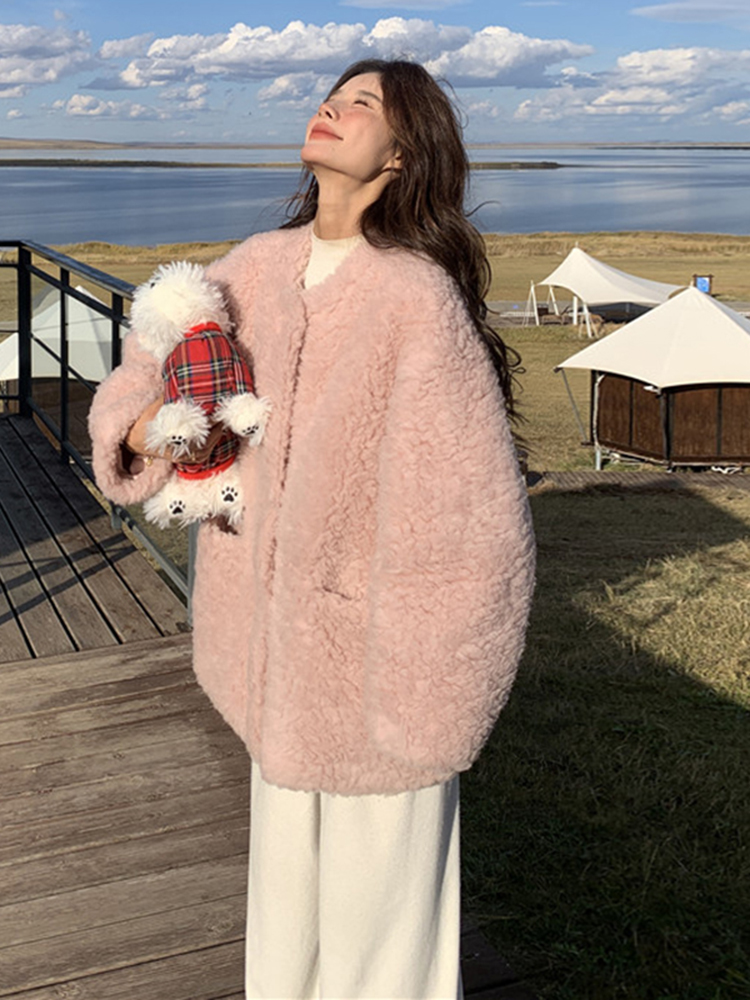 Petite Pink Fufu Lamb Wool Coat for Women - 2025 New Thick Warm Soft Leather and Fur Blend Outerwear