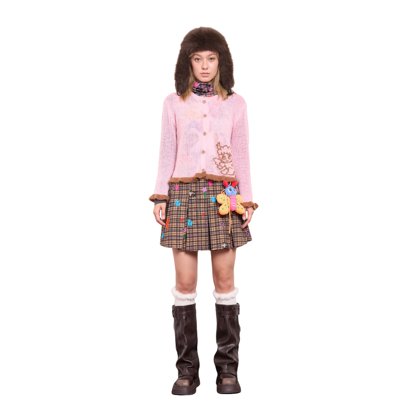 Pink Mohair Angel Jacquard Cardigan - Thin Knitted Sweater, Cozy Y2K Style, Artist Original Design, Trendy Layering Piece
