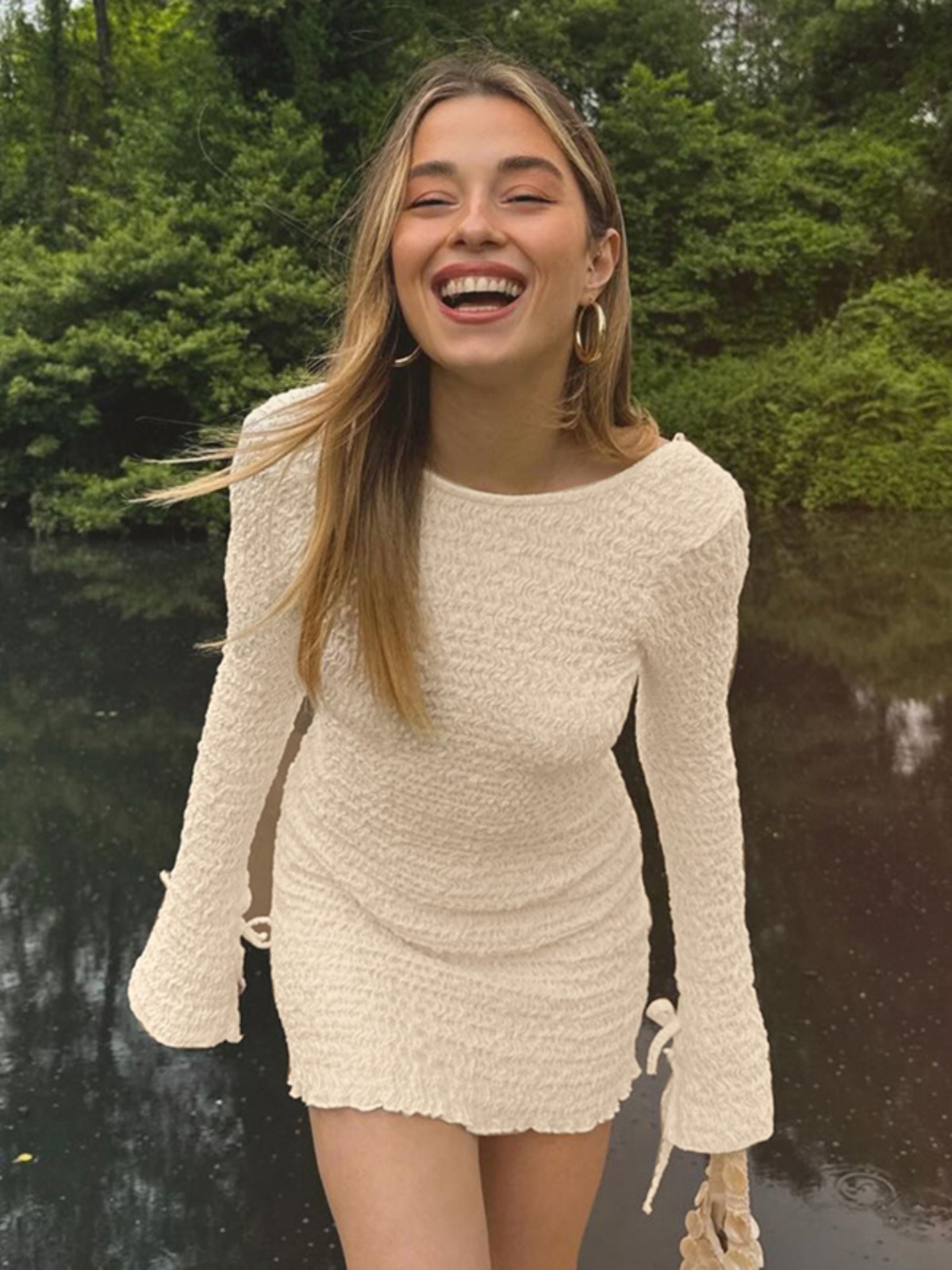 Pleated Embossed Round Neck Flared Long Sleeve Dress with Deep Back and Lace Skirt - European American Instagram Style for Women