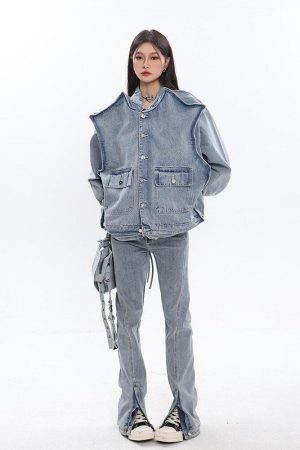 Quick Outfits, Modest Fashion Outfits Ideas Asymmetric Design Denim Jacket
