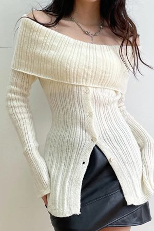 Quick Outfits, Modest Fashion Outfits Ideas Button Up Off Shoulder Knitted Top