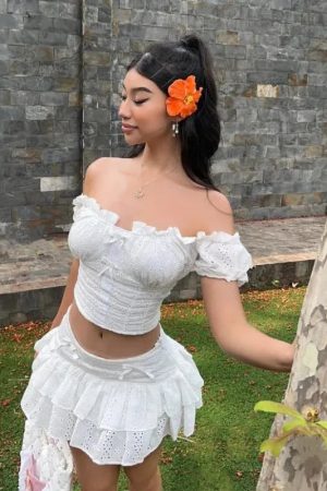 Quick Outfits, Modest Fashion Outfits Ideas Coquette Broderie Anglaise Top & Mini Skirt Two Piece Set