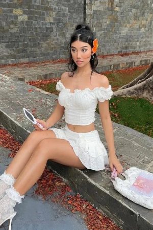 Quick Outfits, Modest Fashion Outfits Ideas Coquette Broderie Anglaise Top & Mini Skirt Two Piece Set