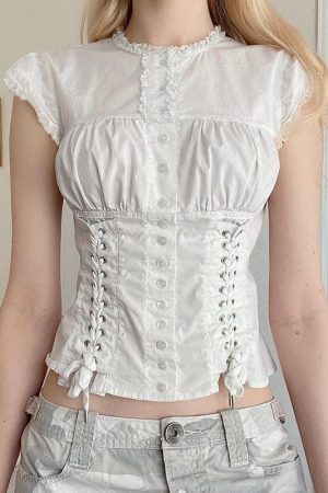 Quick Outfits, Modest Fashion Outfits Ideas Coquette Cap Sleeve Lace Up Top
