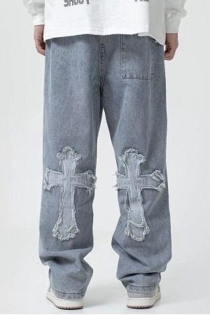 Quick Outfits, Modest Fashion Outfits Ideas Cross Patchwork Baggy Jeans
