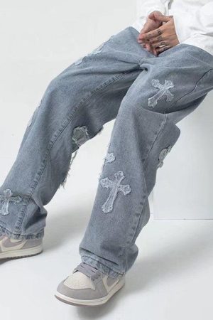 Quick Outfits, Modest Fashion Outfits Ideas Cross Patchwork Baggy Jeans