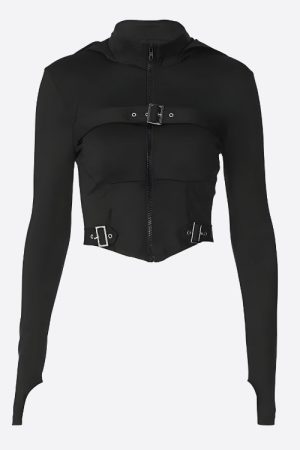 Quick Outfits, Modest Fashion Outfits Ideas Cyberpunk Belted Zip-Up Crop Jacket