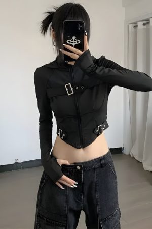 Quick Outfits, Modest Fashion Outfits Ideas Cyberpunk Belted Zip-Up Crop Jacket