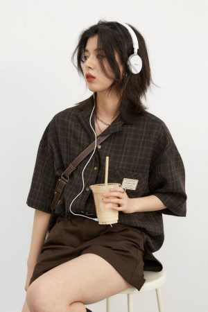 Quick Outfits, Modest Fashion Outfits Ideas Dark Academia V-Neck Plaid Shirt