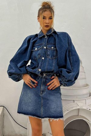 Quick Outfits, Modest Fashion Outfits Ideas Denim Jacket & Skirt Two Piece Set