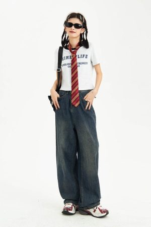 Quick Outfits, Modest Fashion Outfits Ideas Distressed Pockets Wide Leg Baggy Jeans