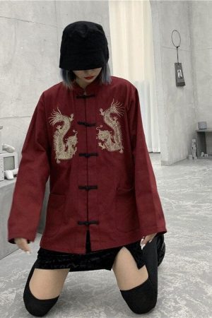 Quick Outfits, Modest Fashion Outfits Ideas Dragon Embroidery Mandarin Collar Shirt