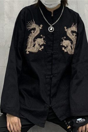 Quick Outfits, Modest Fashion Outfits Ideas Dragon Embroidery Mandarin Collar Shirt