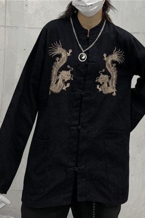 Quick Outfits, Modest Fashion Outfits Ideas Dragon Embroidery Mandarin Collar Shirt