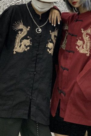 Quick Outfits, Modest Fashion Outfits Ideas Dragon Embroidery Mandarin Collar Shirt