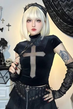 Quick Outfits, Modest Fashion Outfits Ideas Goth Cross Cut Out Velvet Top