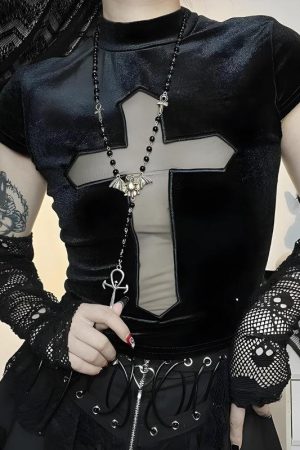 Quick Outfits, Modest Fashion Outfits Ideas Goth Cross Cut Out Velvet Top