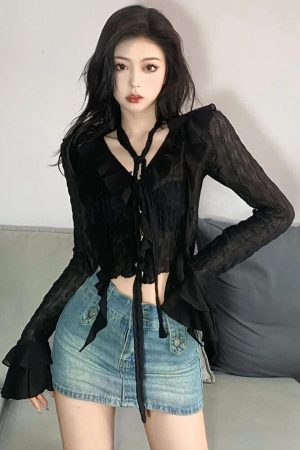 Quick Outfits, Modest Fashion Outfits Ideas Goth Sheer Ruffled Blouse