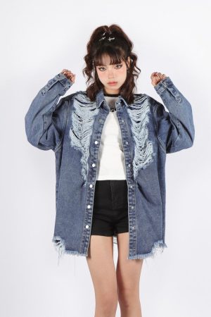 Quick Outfits, Modest Fashion Outfits Ideas Grunge Distressed Long Denim Jacket