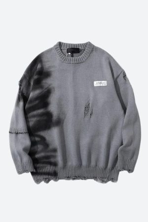 Quick Outfits, Modest Fashion Outfits Ideas Grunge Spray Paint Distressed Knitted Sweater
