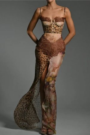 Quick Outfits, Modest Fashion Outfits Ideas Leopard Patchwork Slit Maxi Dress